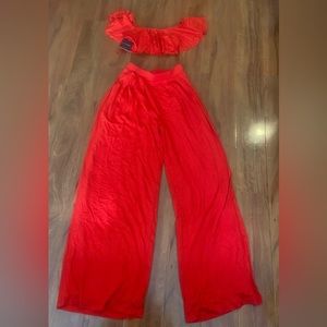 Red crop top and wide leg bottom